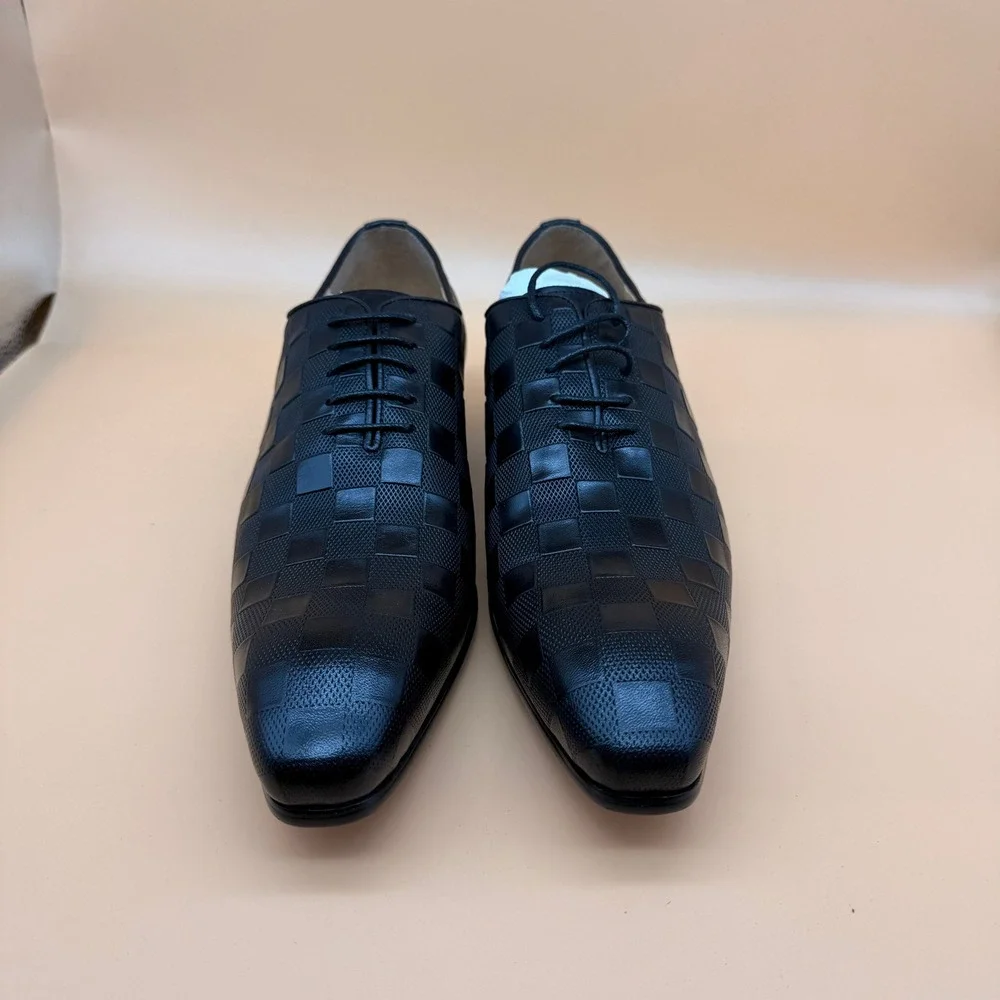 Santimon‎ Men's US 9 Black Leather Plaid Texture Oxfords Lace Up Dress Shoes